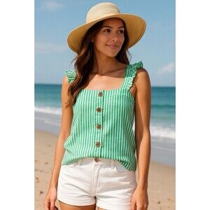 J. Crew Women’s Linen Striped Button Front Tank Top Coastal Resort‎ Vacation M